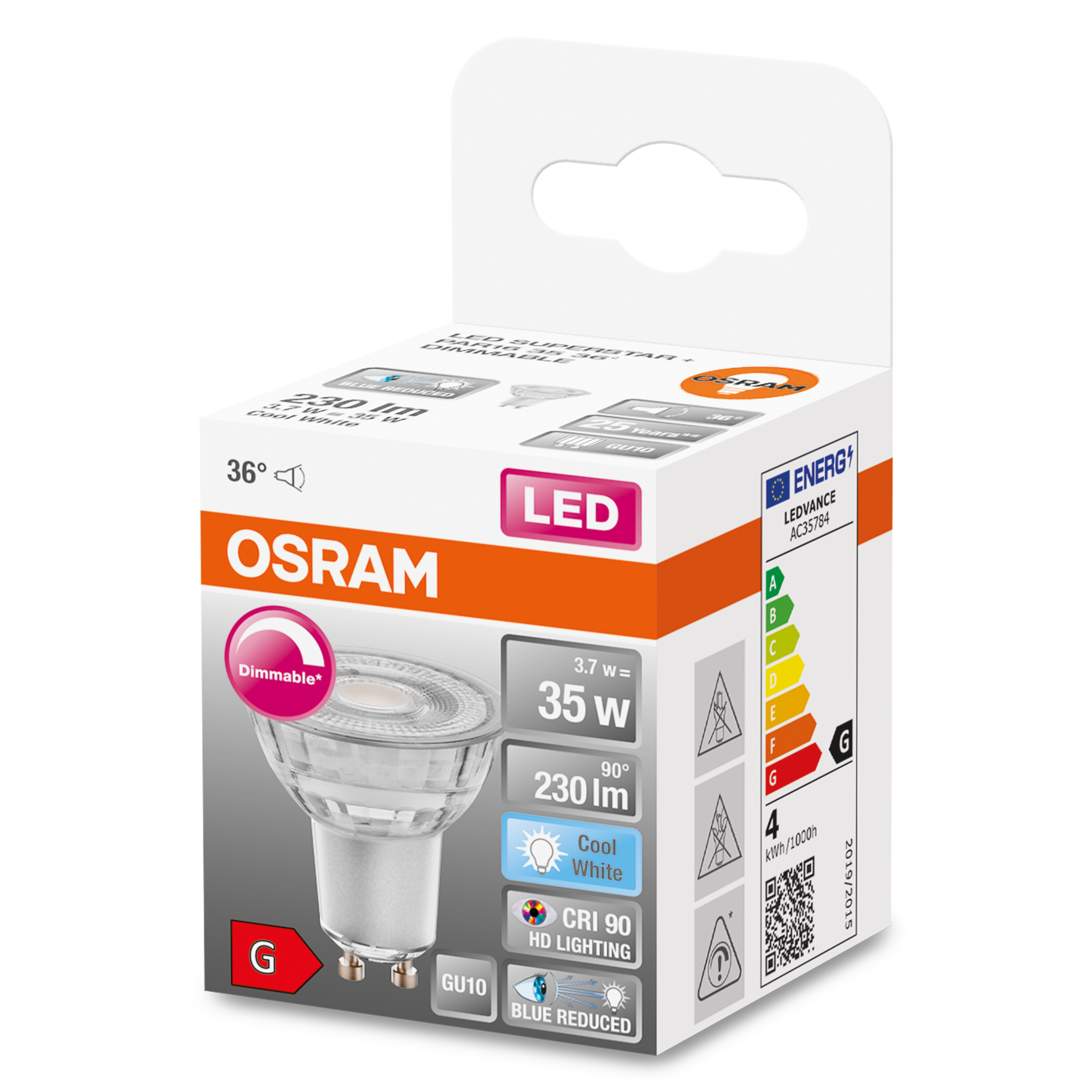 Eine weiß-orangefarbene Osram LED-Glühbirnenbox. Die Box hat eine dimmbare Glühbirne.