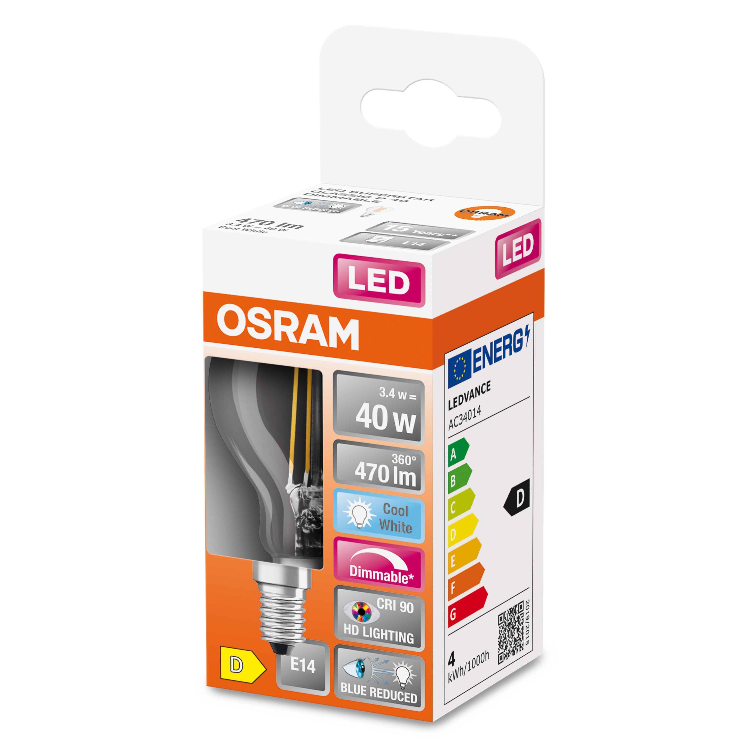 Eine Osram LED-Glühbirnenbox mit einer dunklen Glühbirne. Die Box zeigt Details wie dimmbar, kaltweiß und Energieeffizienz.