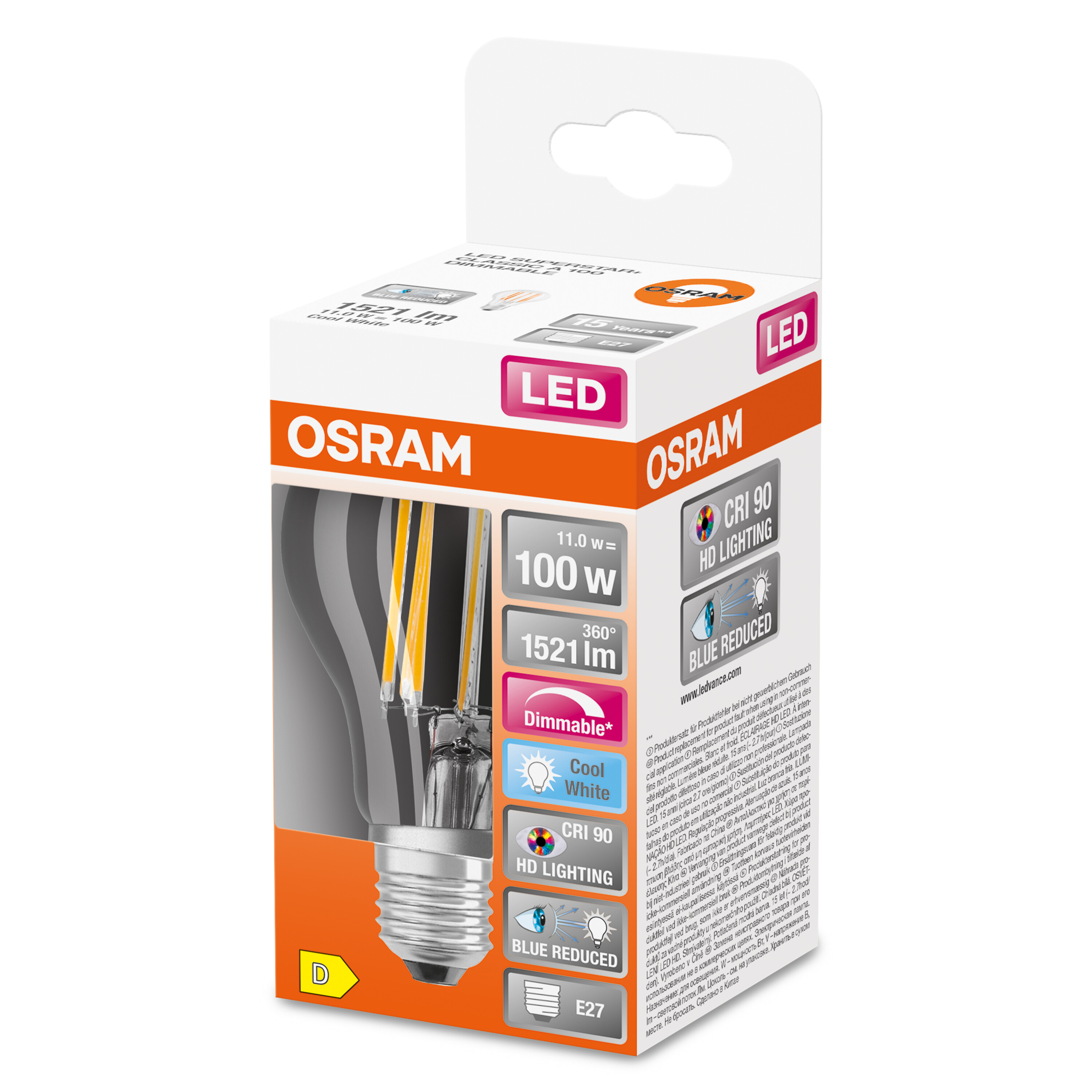 OSRAM LED-Glühbirnenbox. Enthält Details, dimmbar, kaltweiß, HD-Beleuchtung.
