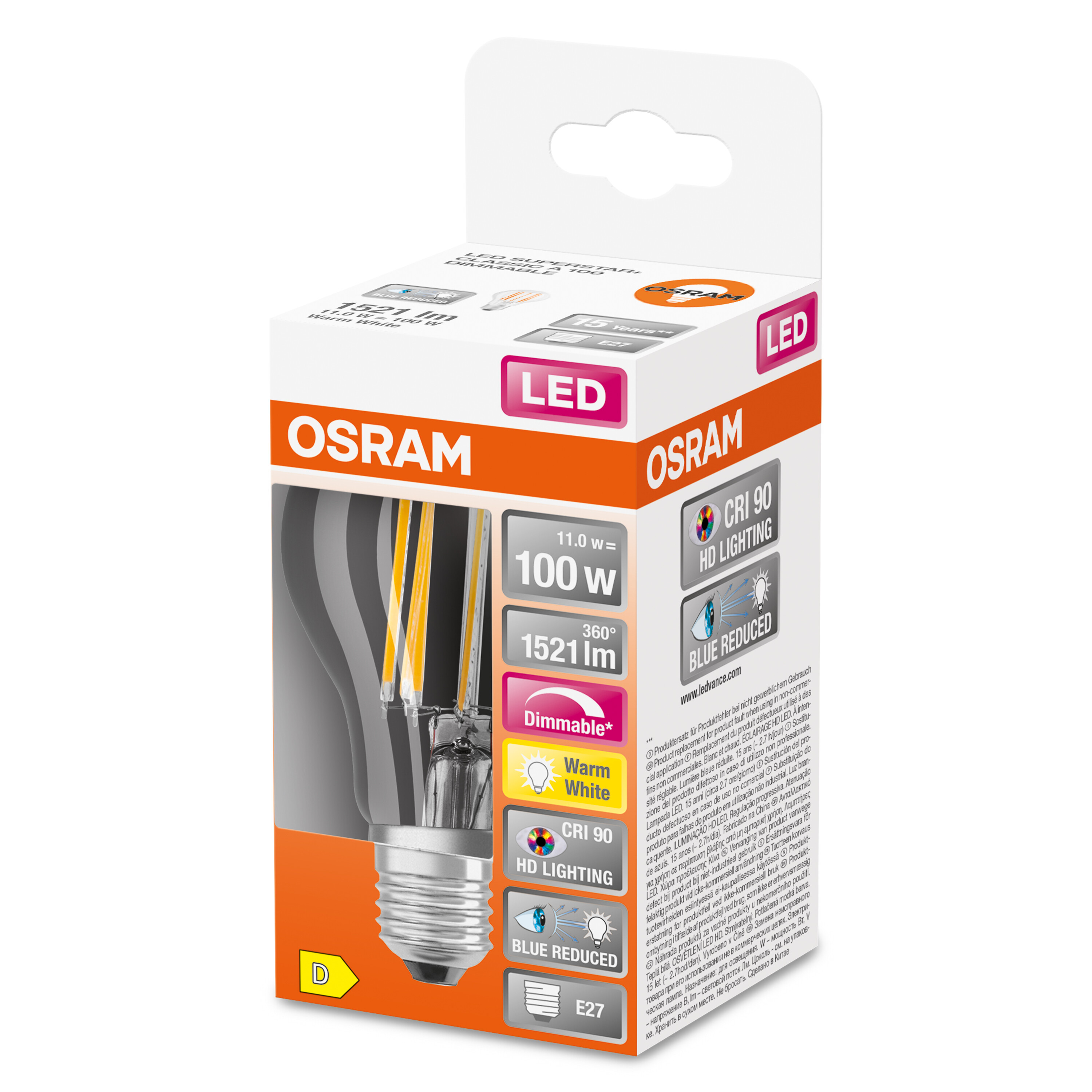 Verpackte LED-Glühbirne. Klarglasbirne mit gelben Filamenten und Verpackungsdetails.