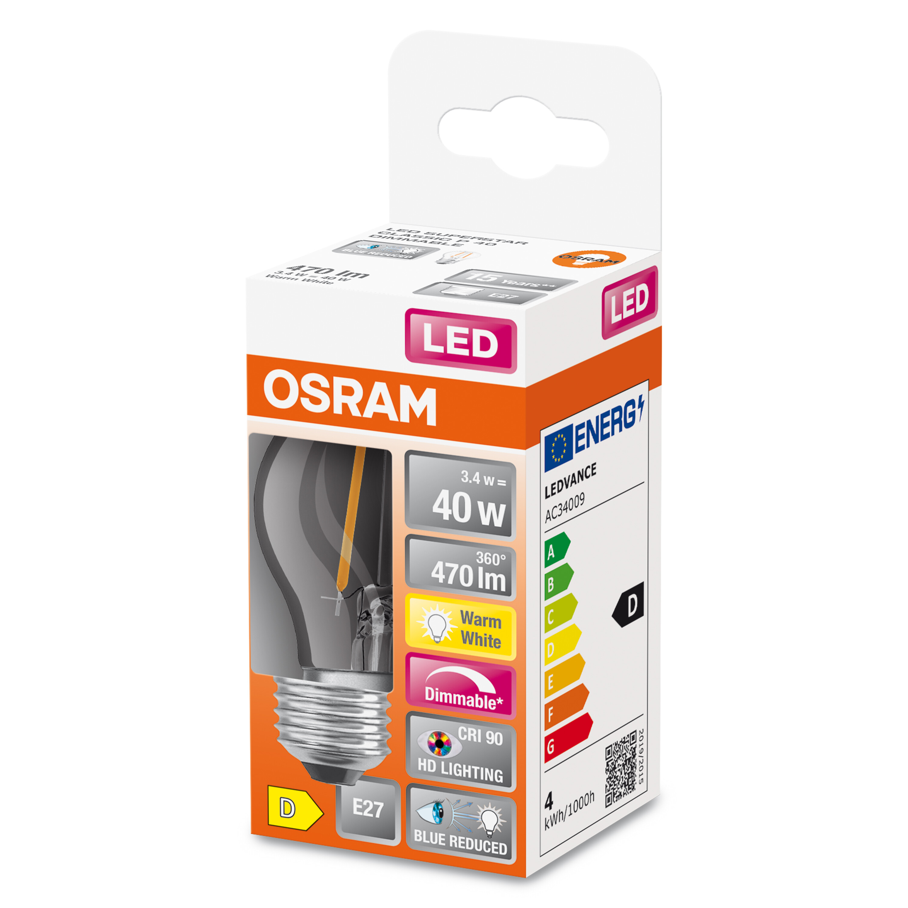 LED-Glühbirne in einer Box mit Text auf der Verpackung, die Energieeffizienz zeigt.