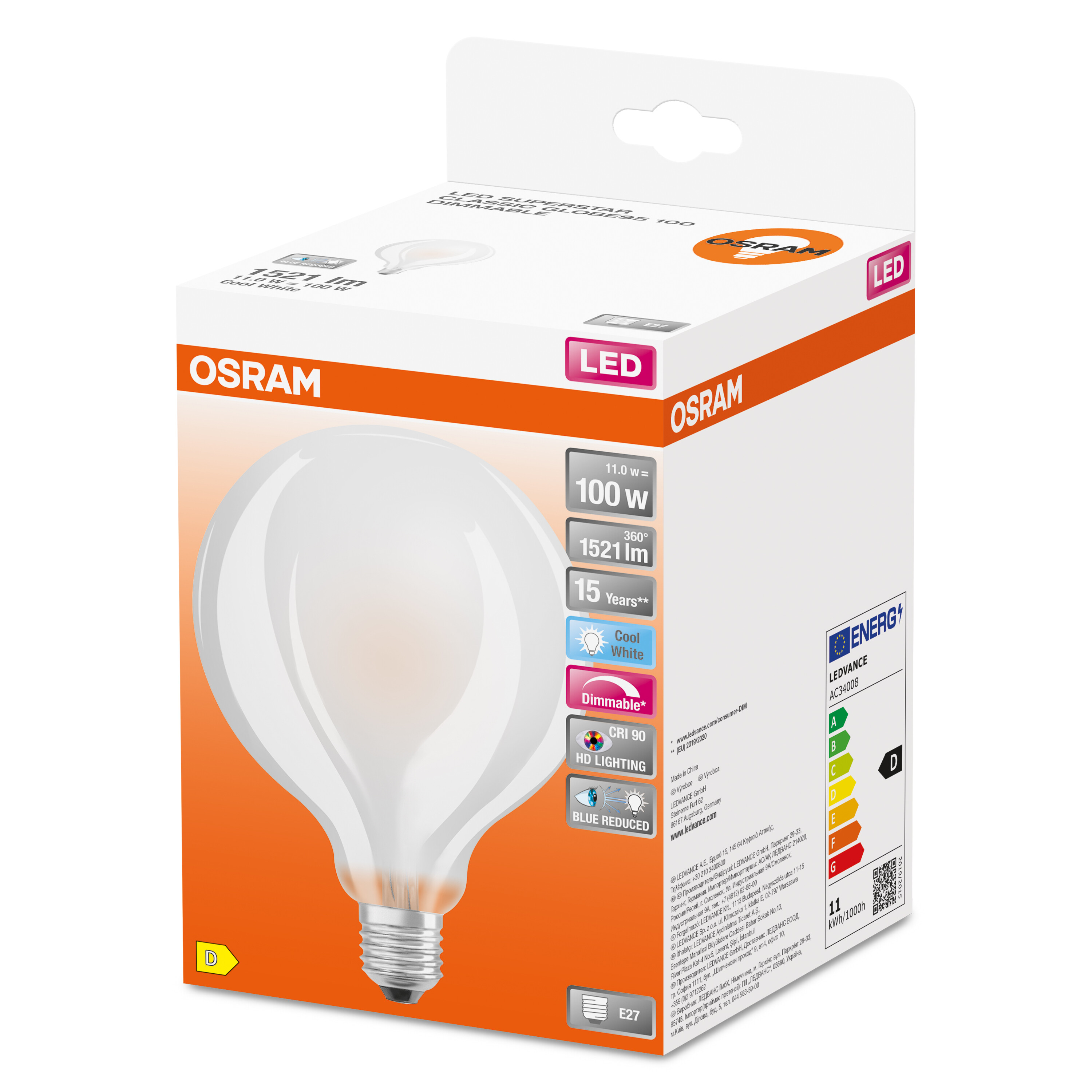 OSRAM LED-Glühbirne in Verpackung. Die Verpackung zeigt die Glühbirne mit Spezifikationen, einschließlich Dimmbarkeit.