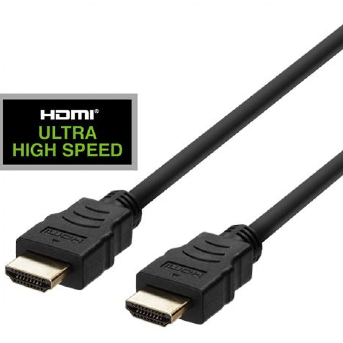 Schwarzes HDMI-Kabel mit Goldsteckern. Eine grüne Box liest 'HDMI ULTRA HIGH SPEED'.