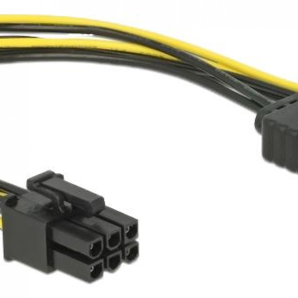 Ein schwarzer und gelber Computer-Stromkabelanschluss.