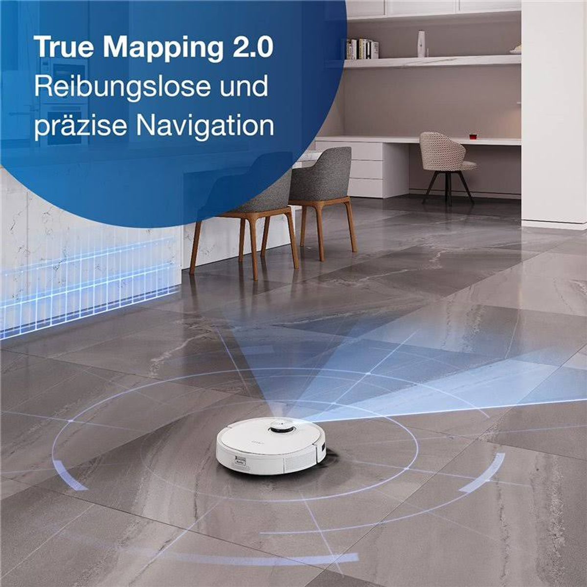 Un aspirateur robot blanc sur un sol carrelé, avec une superposition de cartographie bleue.