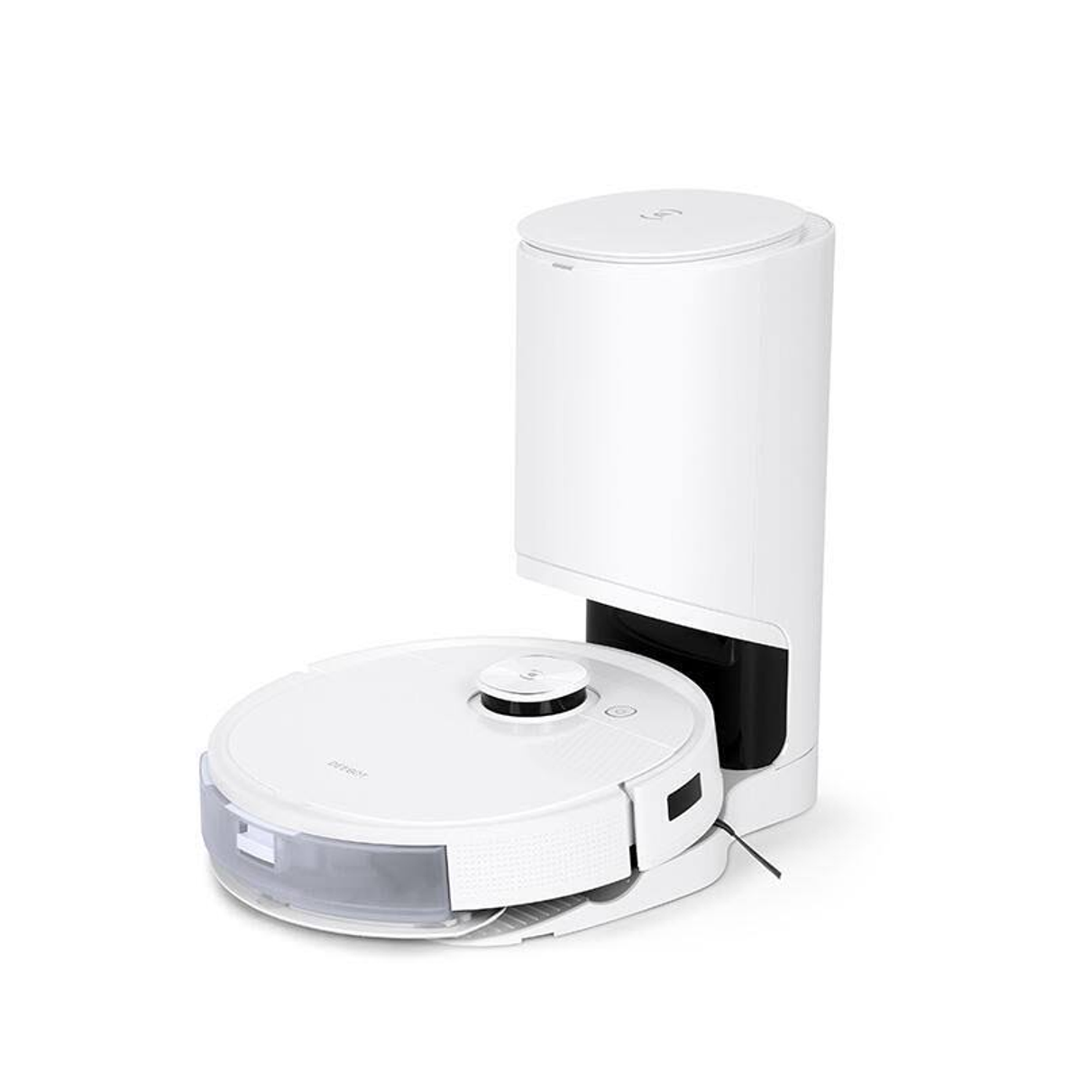 Aspirateur robot blanc avec station de charge.