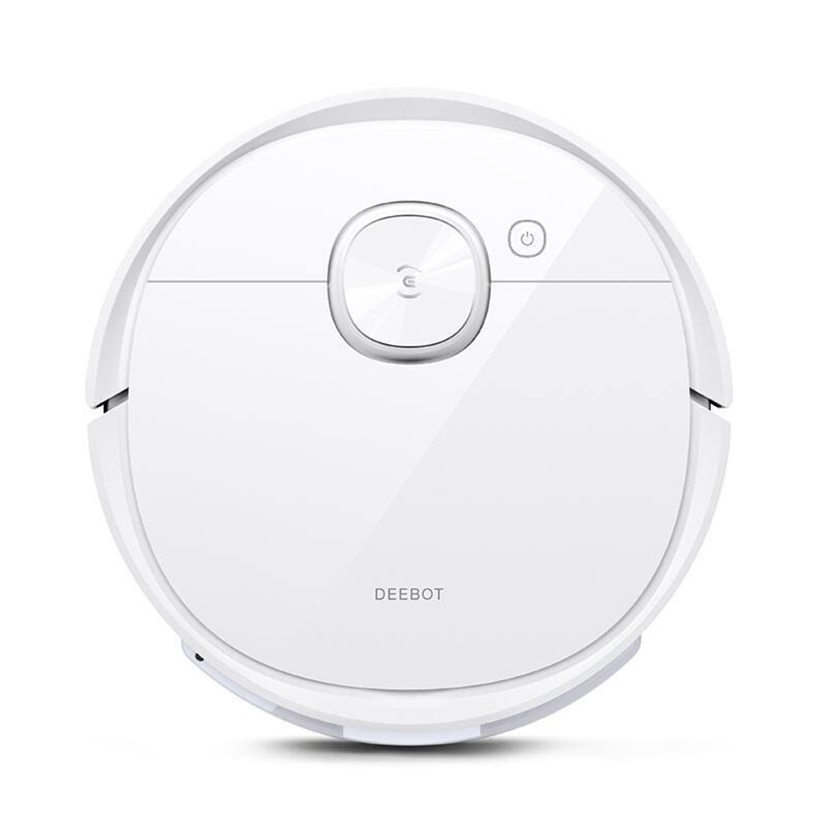 Un aspirateur robot rond blanc avec un bouton d'alimentation et le logo DEEBOT.