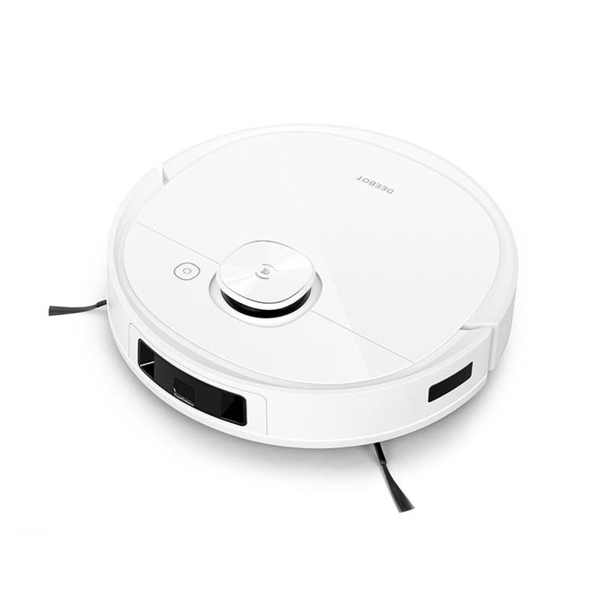 Aspiradora robot blanca sobre fondo blanco. Tiene forma circular con detalles y botones negros.