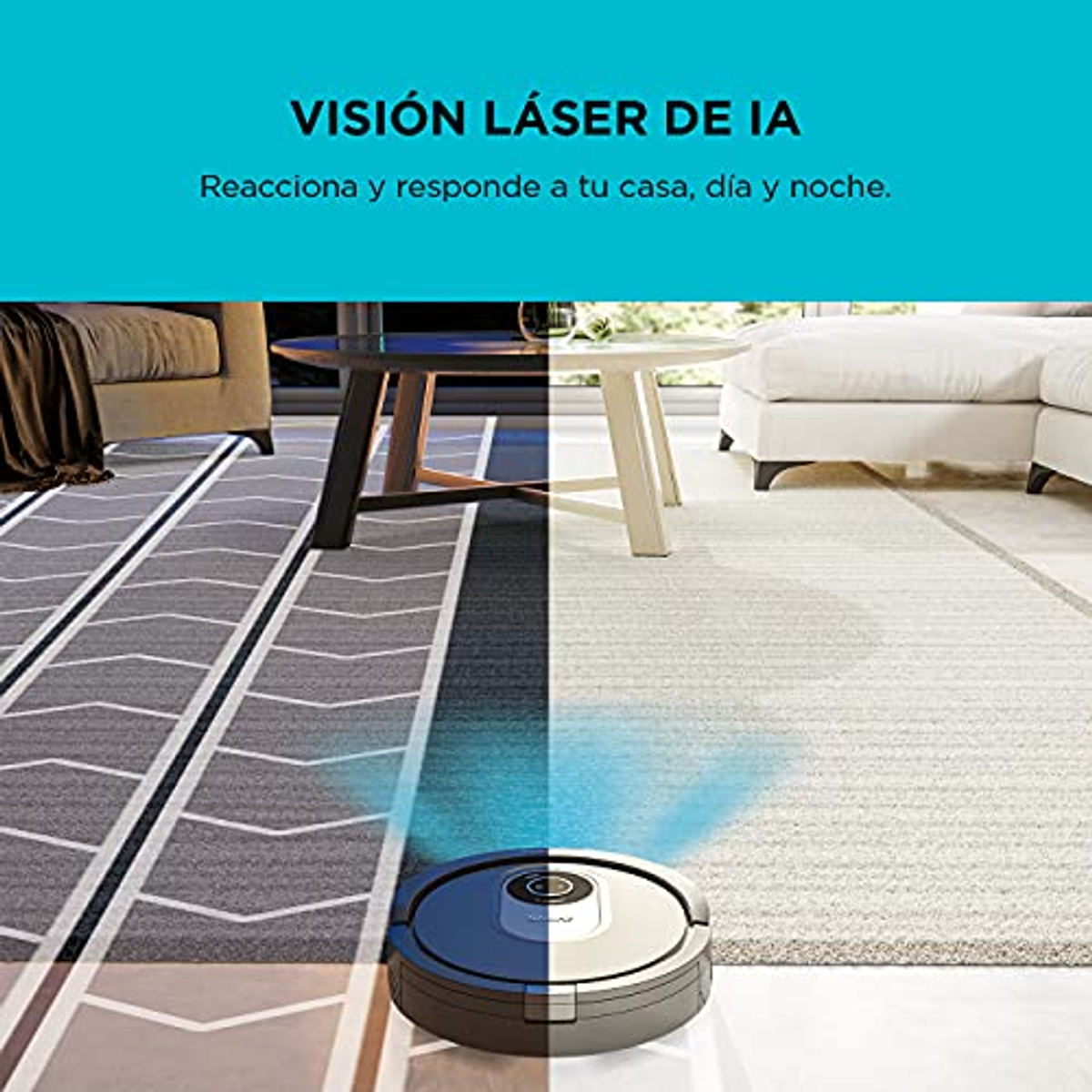 Ein Roboter-Staubsauger reinigt einen Teppich. Der Text lautet: Laser Vision KI, reagiert auf Ihr Zuhause.