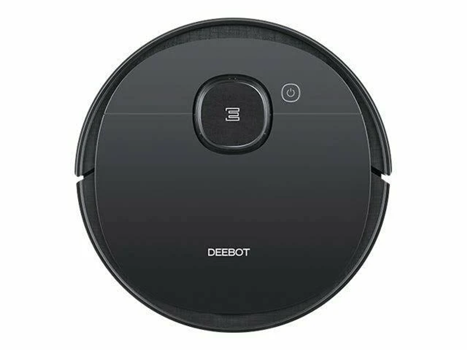 Schwarzer Roboter-Staubsauger, Draufsicht. Er ist rund mit einem Knopf.