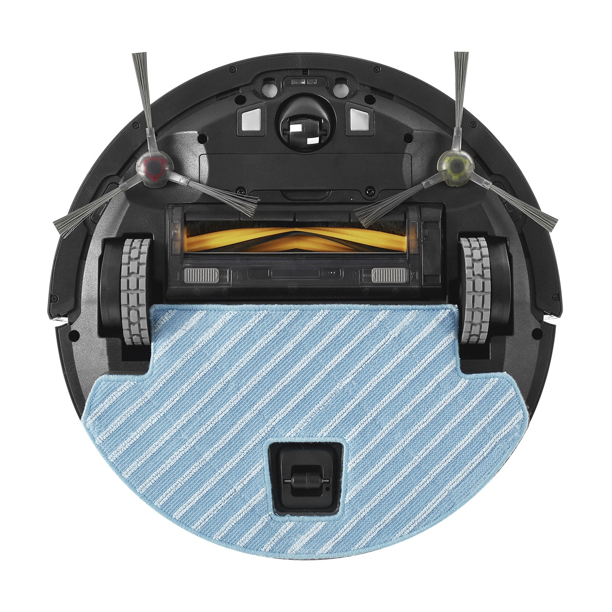 Odkurzacz robot, widok od spodu, ze szczotkami i niebieskim mopem.