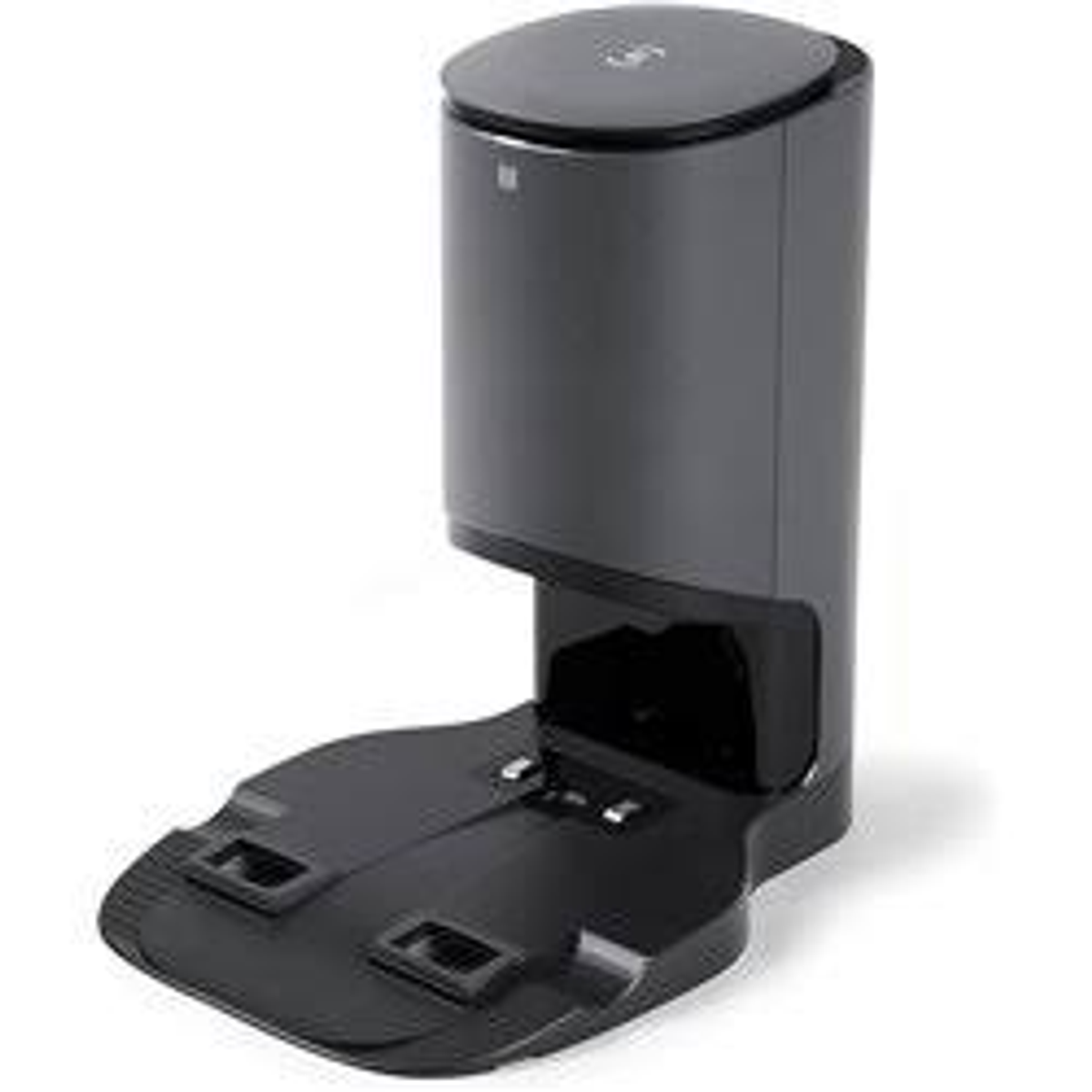 Szara stacja ładująca do odkurzacza robota. Urządzenie ma cylindryczną górę i podstawę.