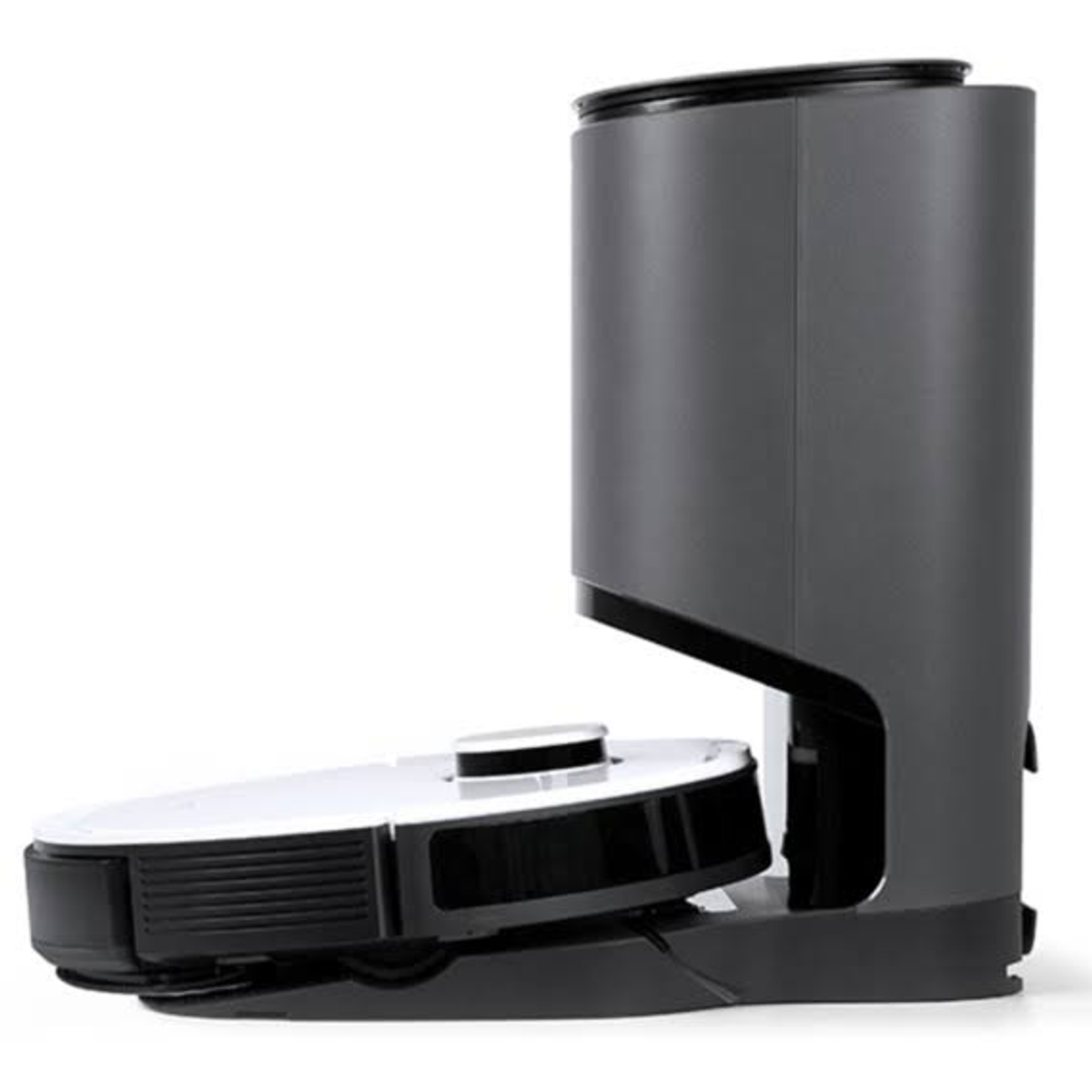 Szaro-czarny odkurzacz automatyczny ze stacją ładującą.