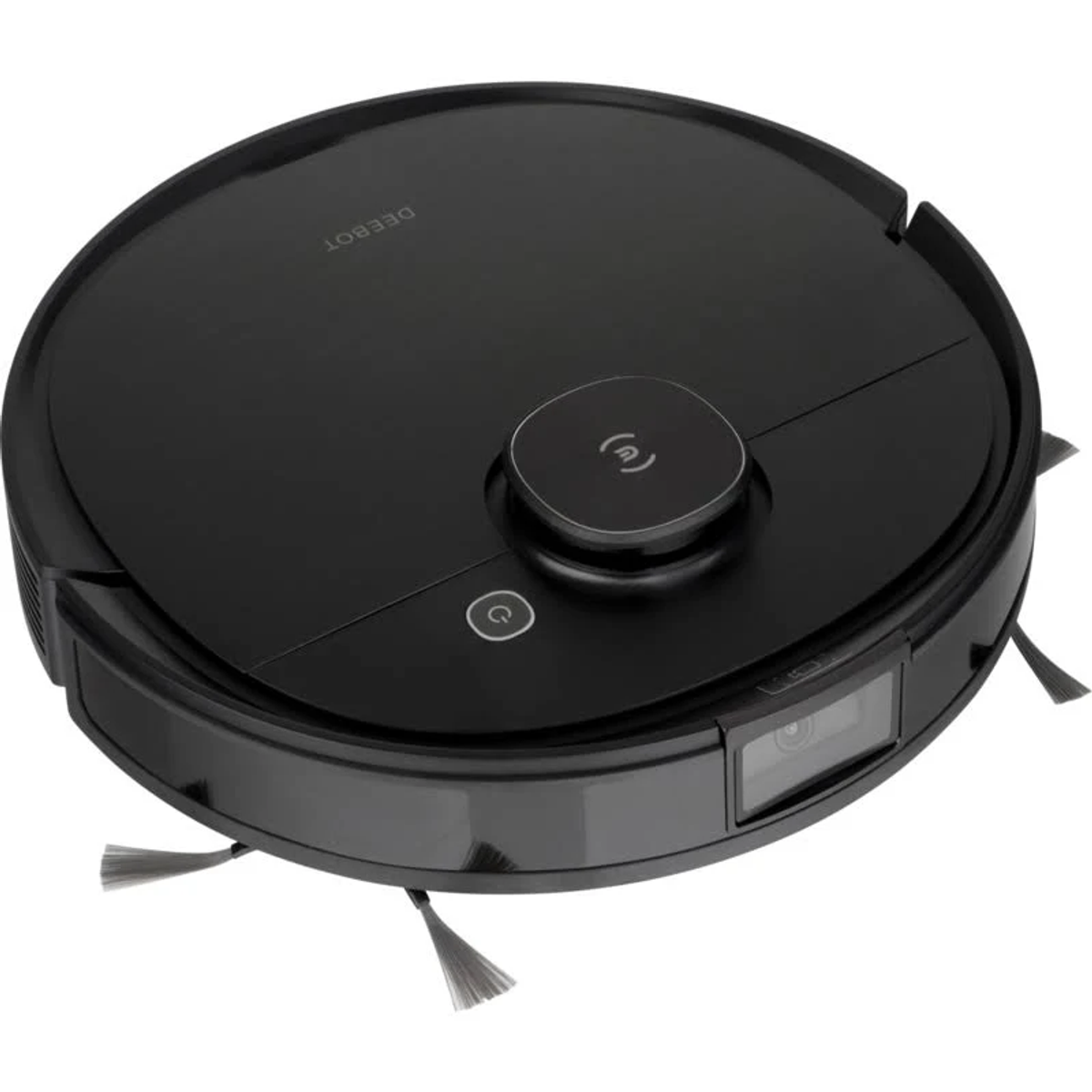 Ein schwarzer kreisförmiger Roboter-Staubsauger mit drei Bürsten und einer Kamera, weißer Hintergrund.