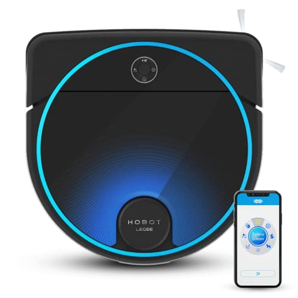 Una aspiradora robot negra y azul con un smartphone que muestra la aplicación.
