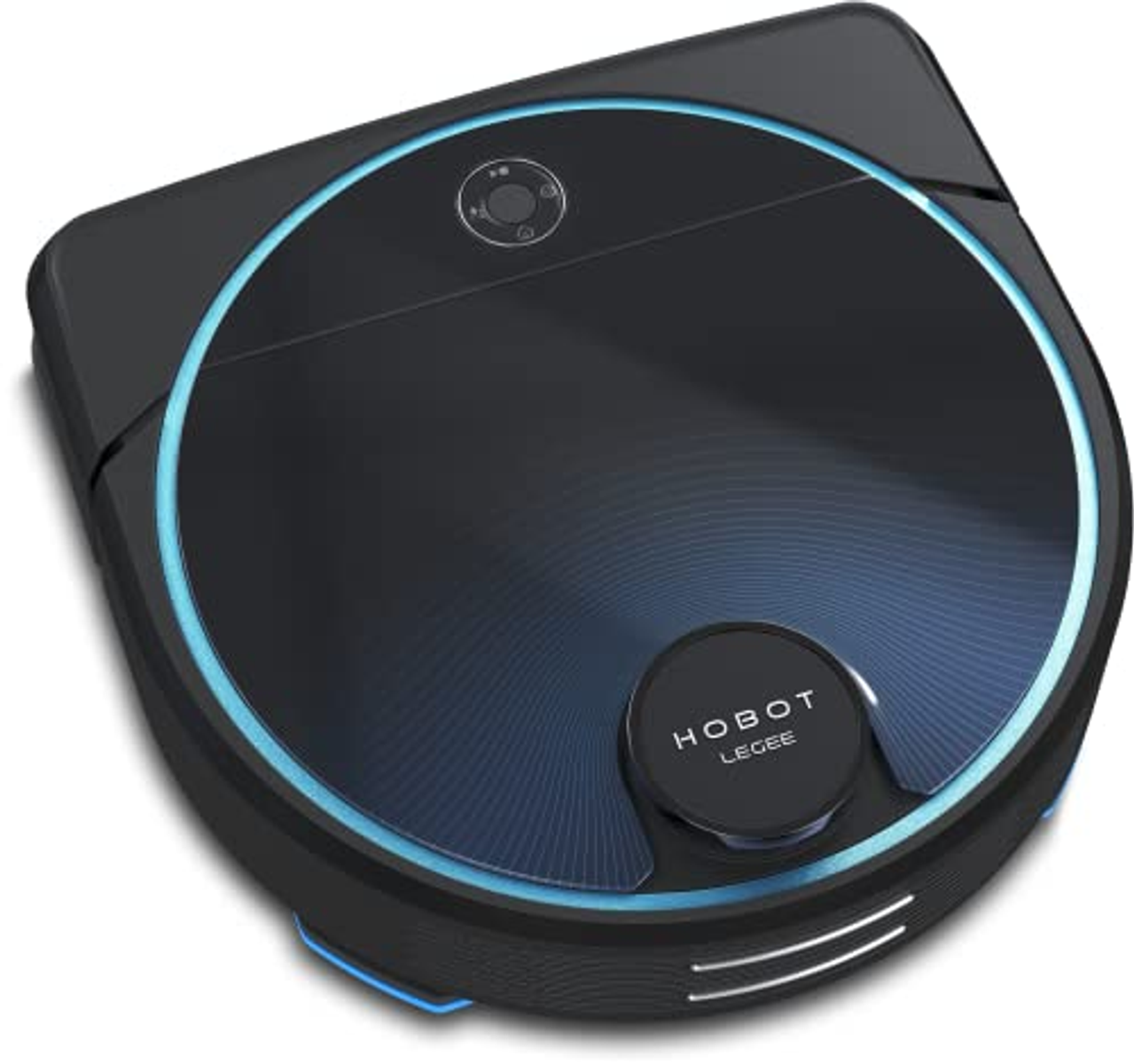 Aspiradora robot negra y azul con diseño circular, vista superior.