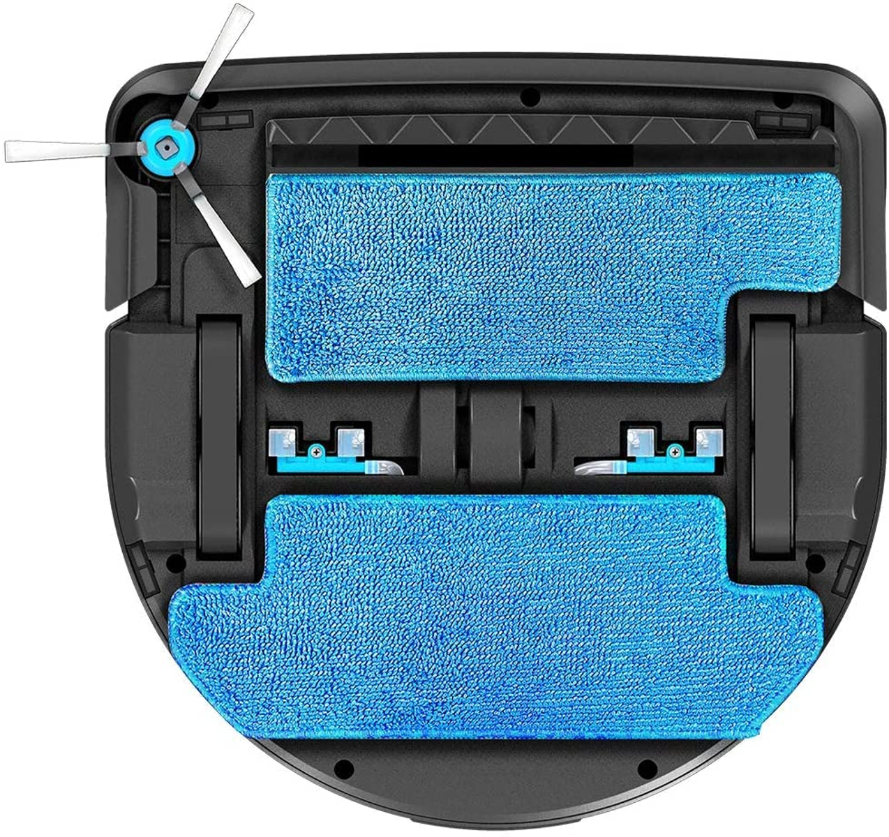 Vista inferior de la aspiradora robot con almohadillas azules y cepillos giratorios.