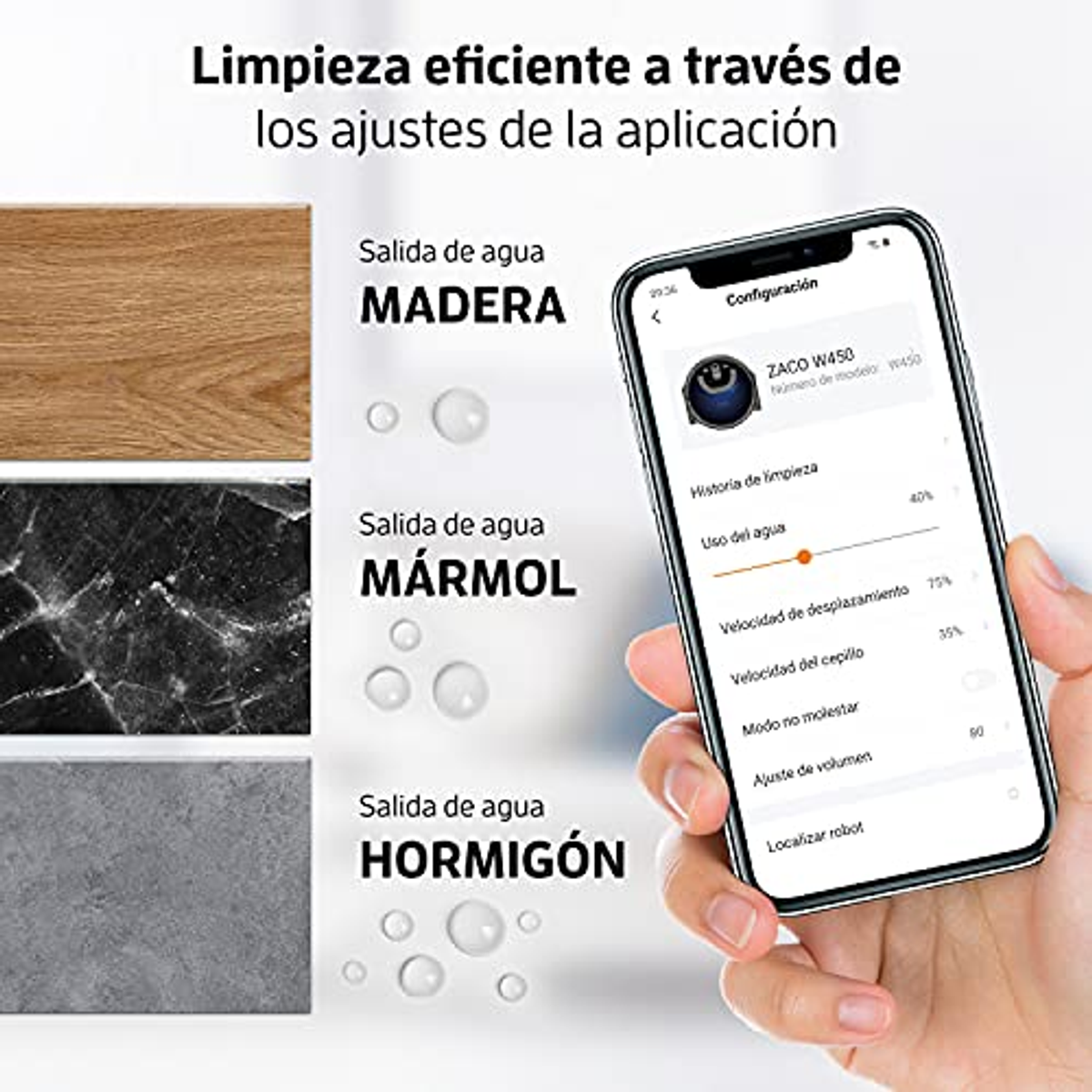 Ein Smartphone zeigt die App-Einstellungen für einen Roboter-Staubsauger. Anzeigemöglichkeiten für Holz, Marmor und Beton.