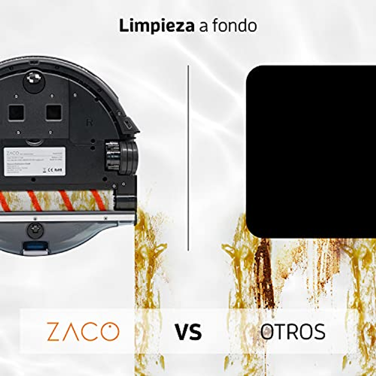 Zaco-Roboter-Staubsauger im Vergleich zu einem anderen. Text: "Zaco vs Others" mit Reinigungsvergleich.