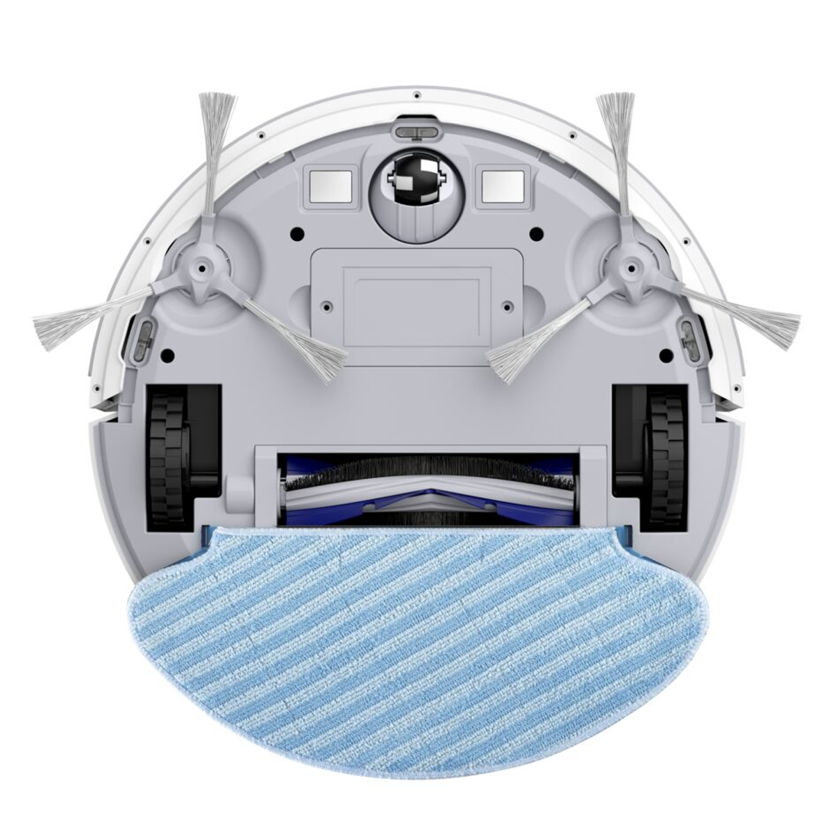Spód odkurzacza automatycznego. Posiada szczotki, nakładkę do mopowania i koła.