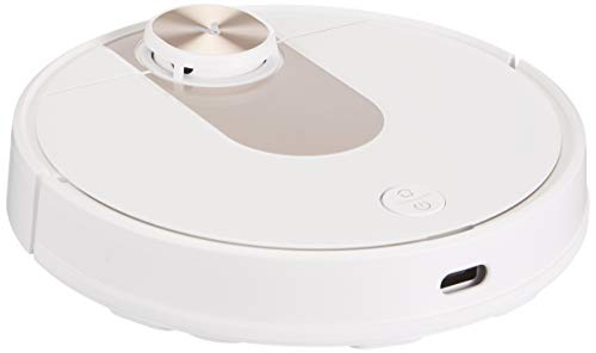 Aspiradora robot blanca, vista superior. Un botón circular está en la parte superior. El dispositivo tiene un puerto de carga.