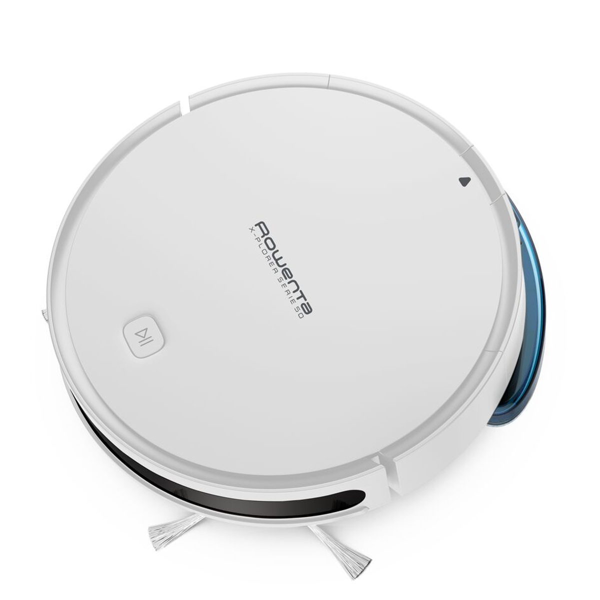 Biały odkurzacz robot, widok z góry. Czarna obwódka, szczotka i niebieski akcent boczny. Białe tło.