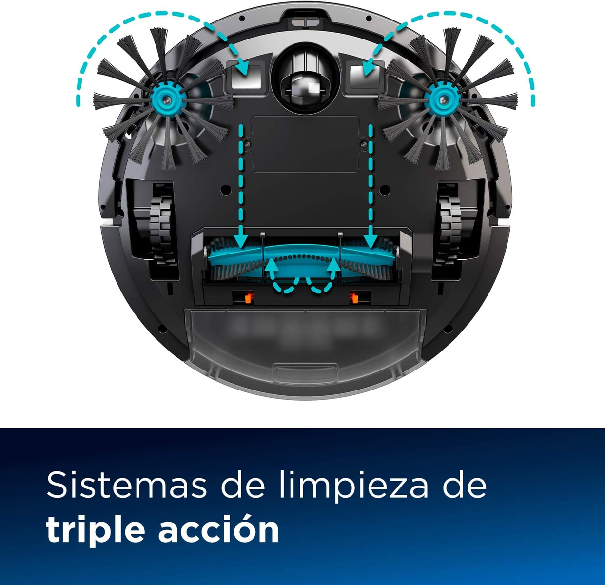 Vista inferior de un robot aspirador negro, ilustrando sistemas de limpieza de triple acción.