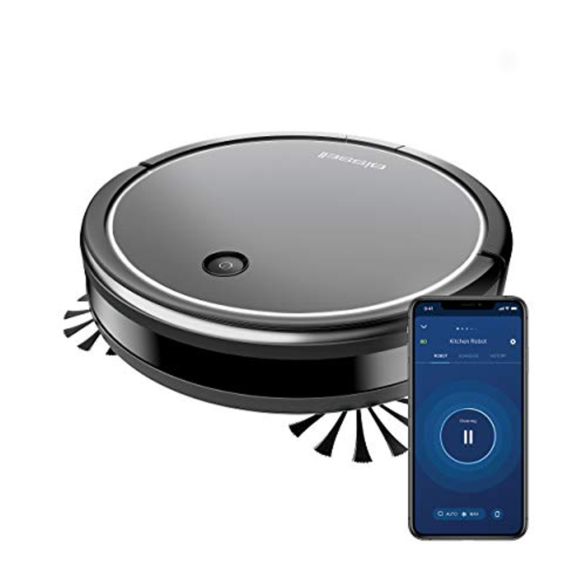 Aspiradora robot con smartphone, mostrando una app de limpieza.