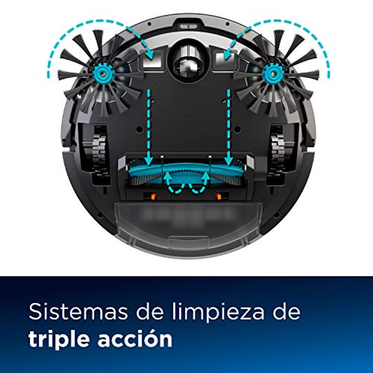 Parte inferior de una aspiradora robot. Tiene cepillos y componentes de limpieza.