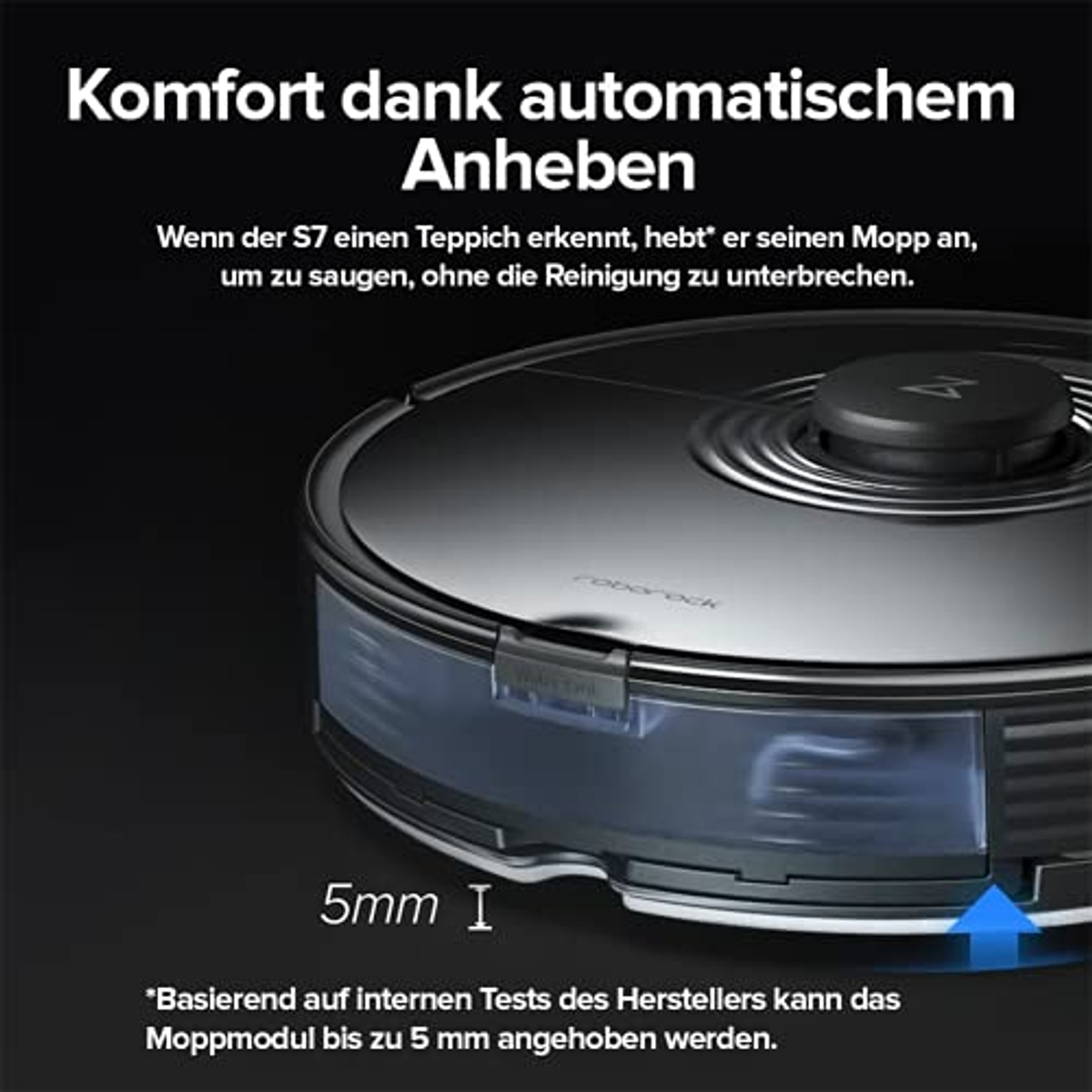 Robot odkurzający z zbliżeniem funkcji podnoszenia mopa. Niebieska strzałka wskazuje 5 mm.