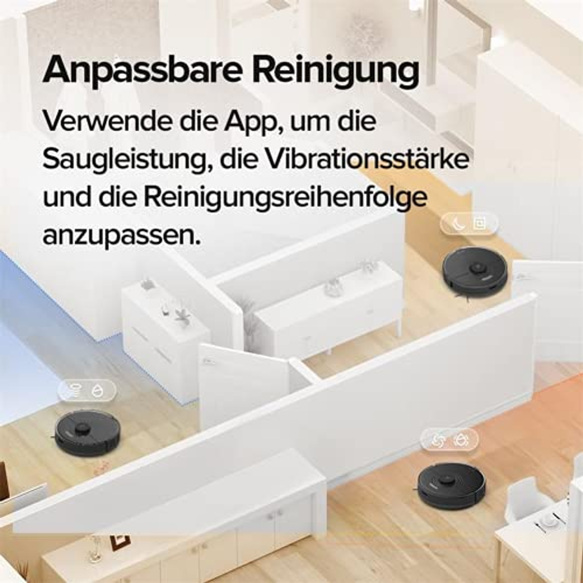 Roboty czyszczące podłogę, białe ściany i meble. Tekst o dostosowywaniu ustawień czyszczenia przez aplikację.