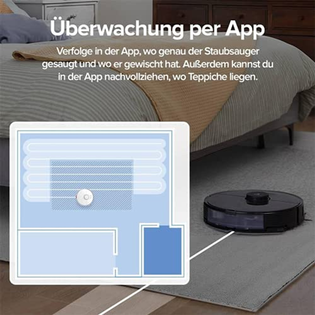 Odkurzacz robot i mapa na ekranie. Odkurzacz czyści dywan.