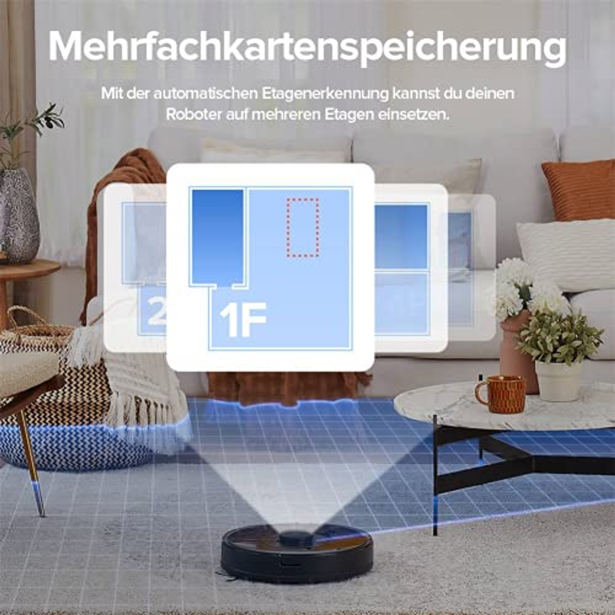 Robot sprzątający na dywanie, z nakładką planu piętra pokazującą wiele pomieszczeń na różnych piętrach.