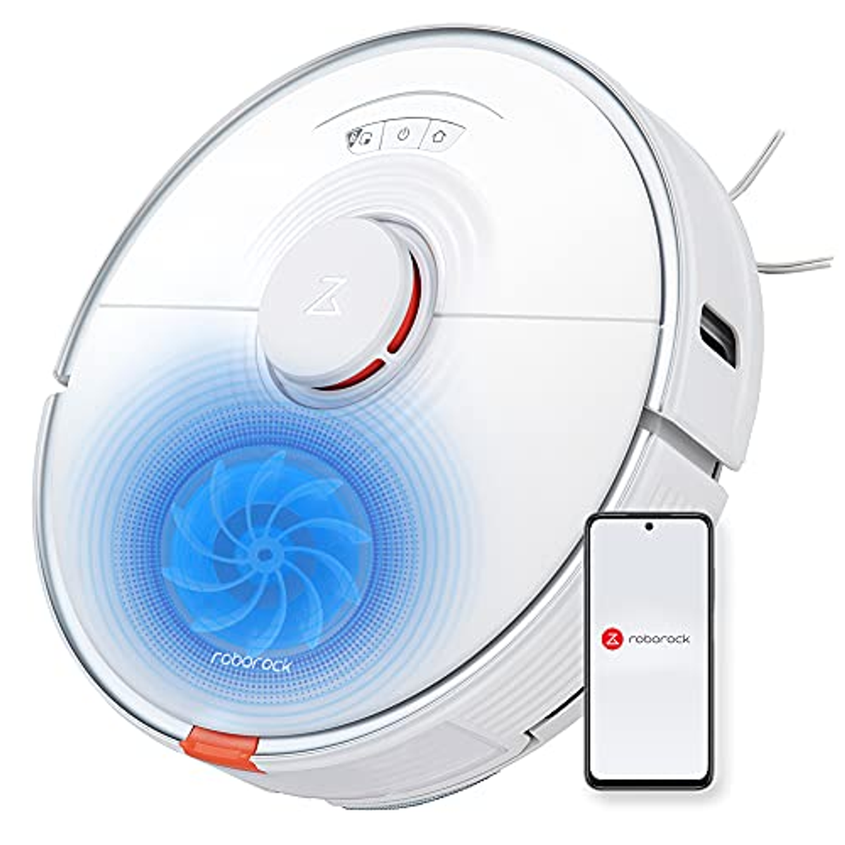 Biały odkurzacz automatyczny z telefonem wyświetlającym aplikację z logo Roborock.