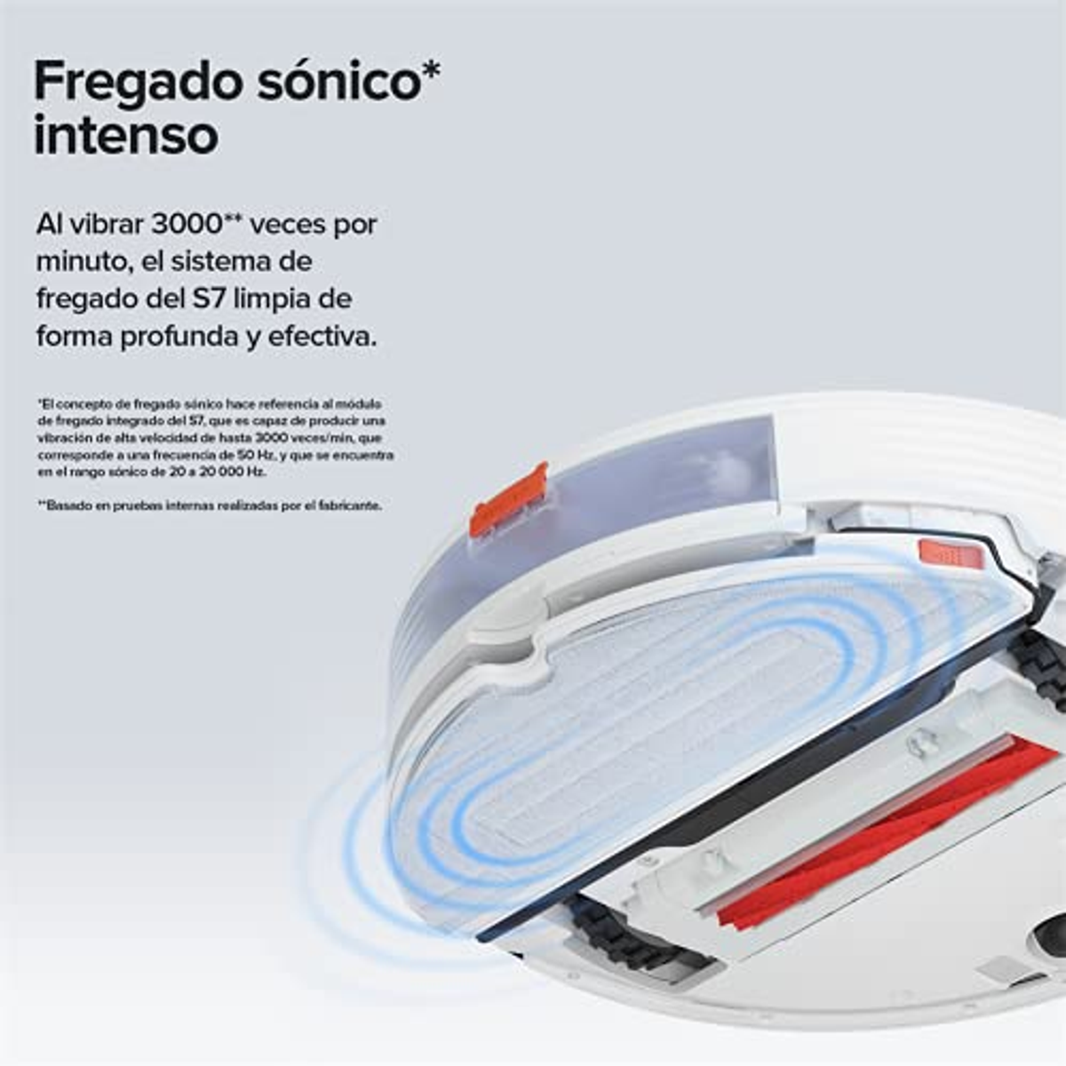 Zbliżenie białego robota odkurzającego z niebieskimi liniami falistymi wskazującymi na czyszczenie ultradźwiękowe.