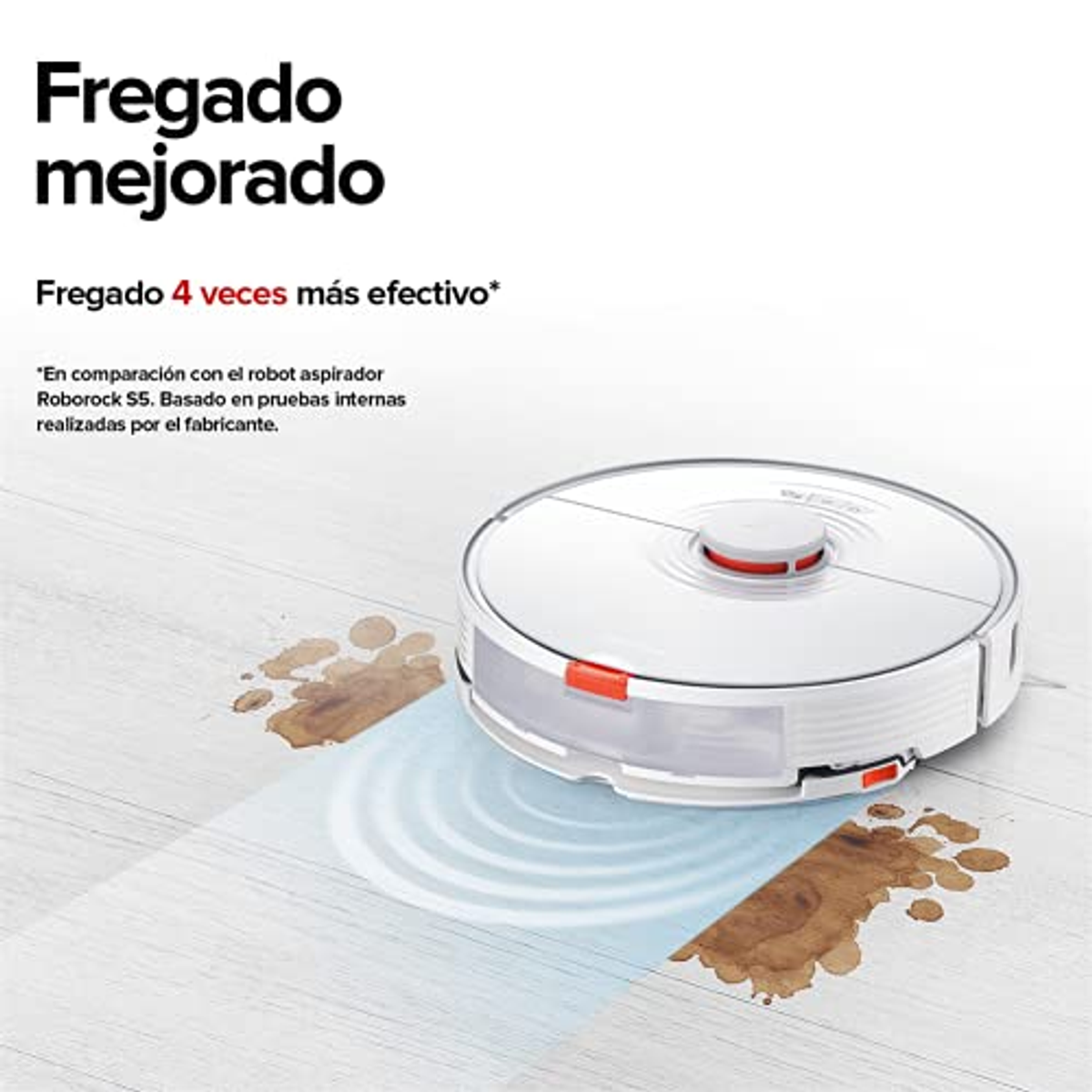 Biały robot odkurzacz czyszczący drewnianą podłogę z plamami wody. Tekst: Szorowanie 4 razy skuteczniejsze.