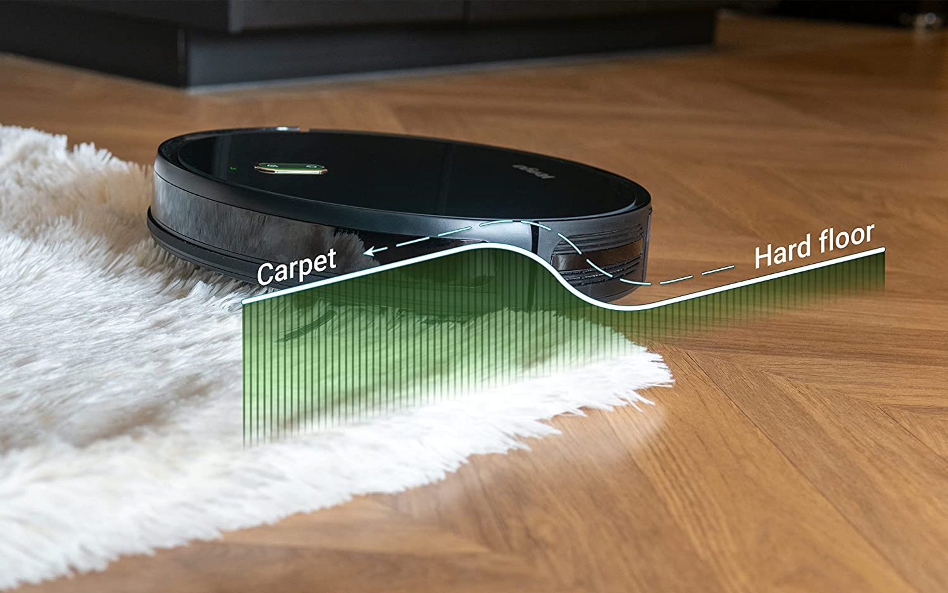 Robot aspirapolvere che passa da tappeto a pavimento duro, con indicatori visivi.