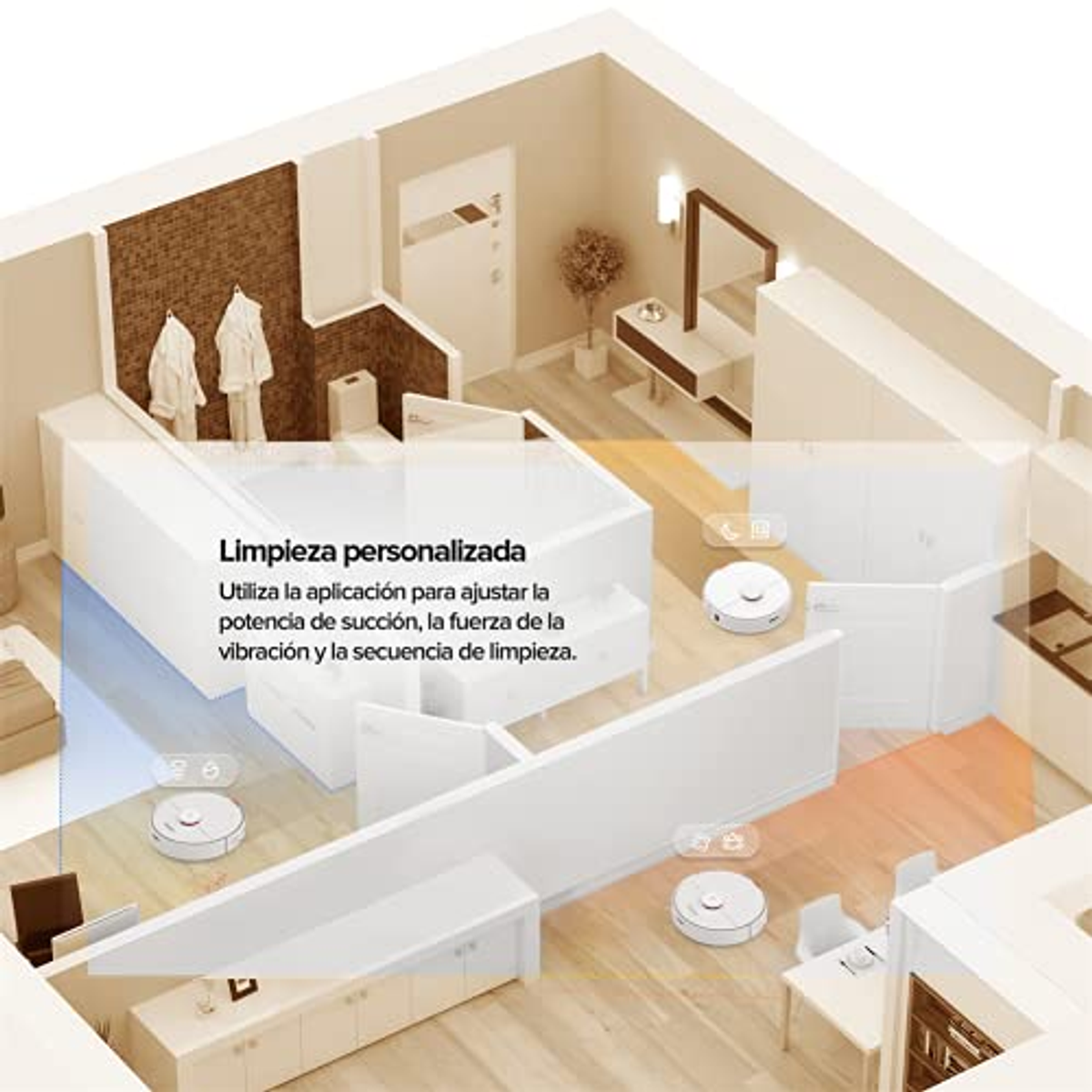 Scena wnętrza z robotami sprzątającymi, pokazująca użycie aplikacji do ustawień ssania i wibracji.