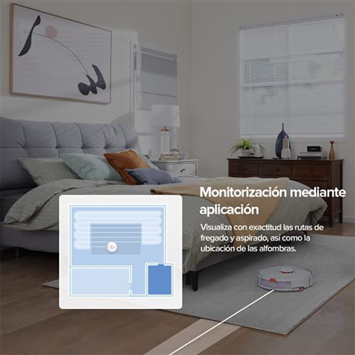 Schemat pokazujący robota odkurzającego sprzątającego pokój. Schemat jest na ekranie, obok łóżka.