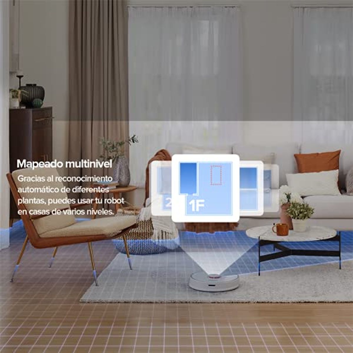 Robot odkurzający w pokoju, z diagramem pokazującym mapowanie wielopoziomowe.