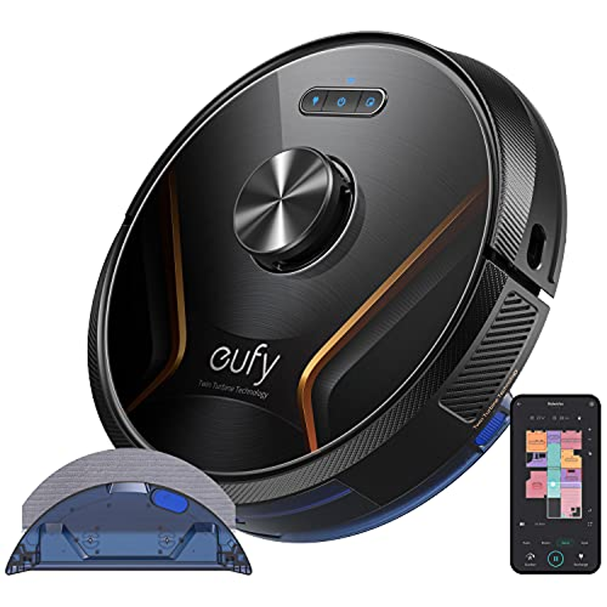 Ein schwarzer und kupferfarbener Eufy-Roboter-Staubsauger und ein Telefon, das eine Karte anzeigt.