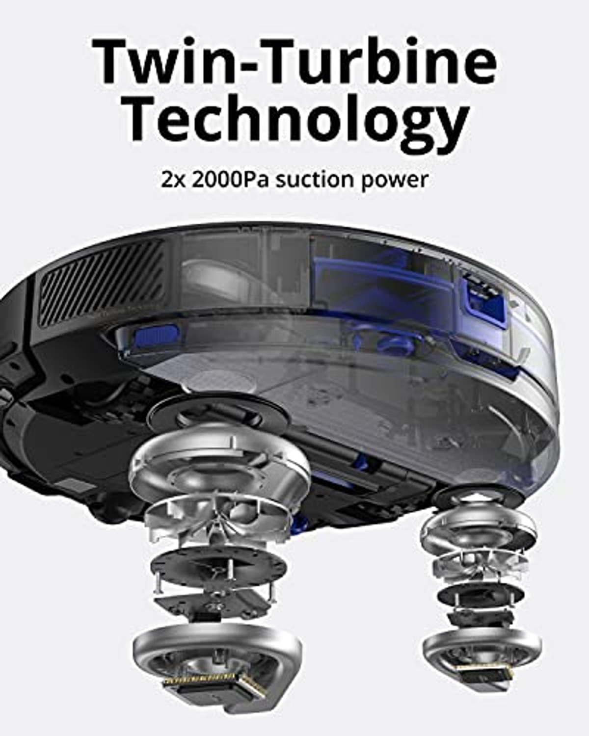 Komponenten eines Roboter-Staubsaugers. Text 'Twin-Turbine Technology' oben.