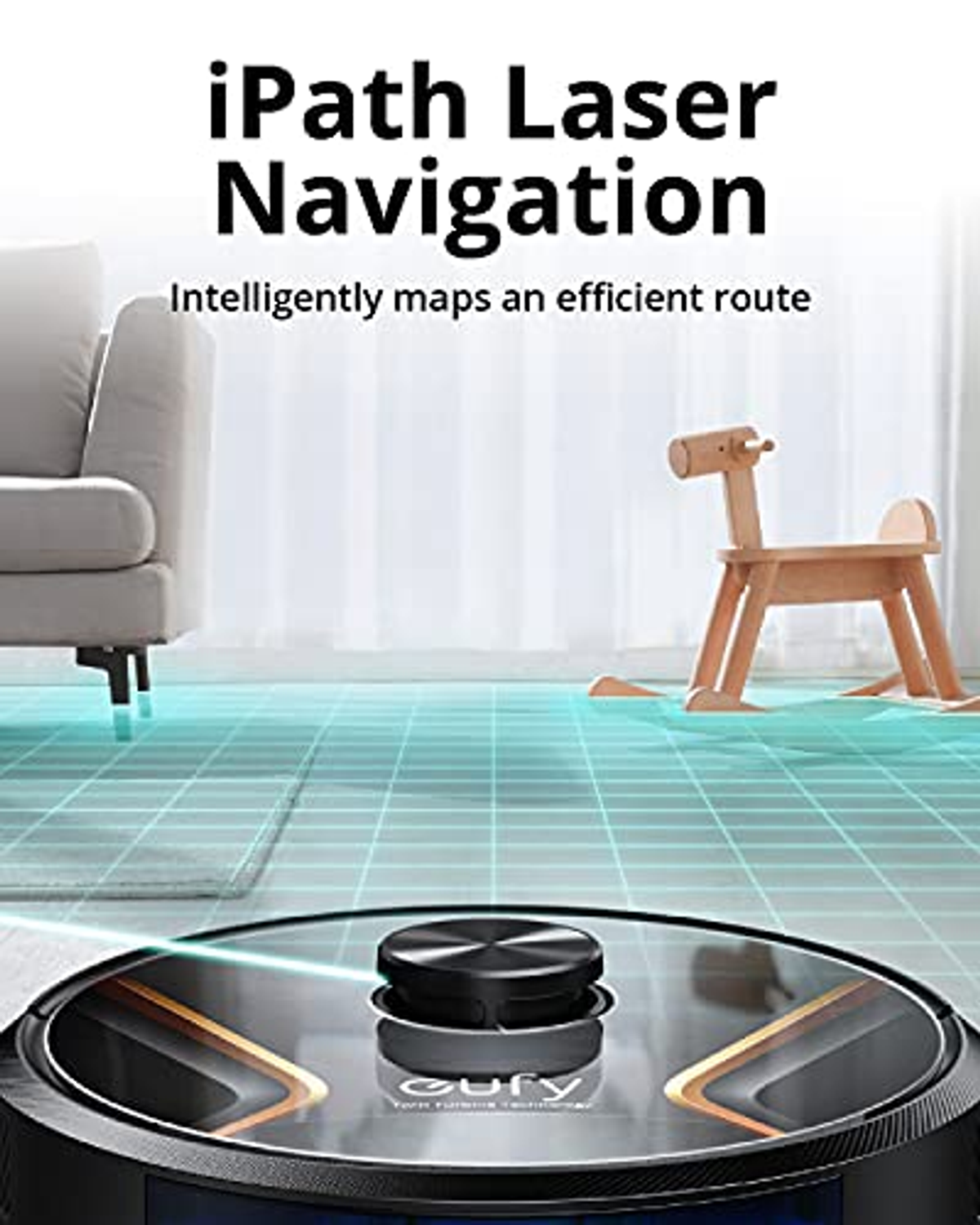 Roboterstaubsauger auf einem Boden. Über dem Text steht „iPath Laser Navigation“. Hellblaue Linien auf dem Boden.