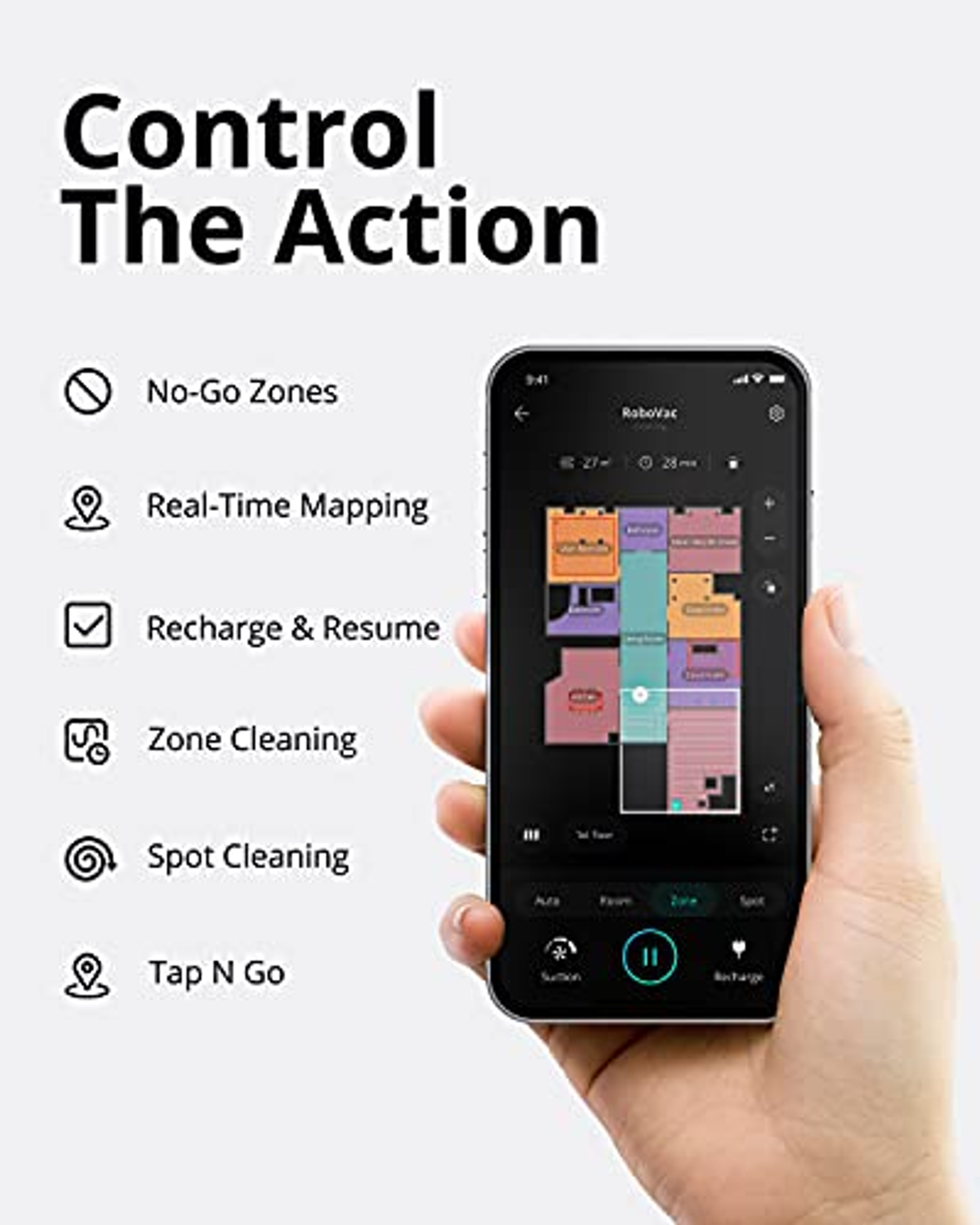 Eine Hand, die ein Telefon hält, das eine App mit Karte und Steuerungsoptionen für einen Roboterstaubsauger anzeigt.
