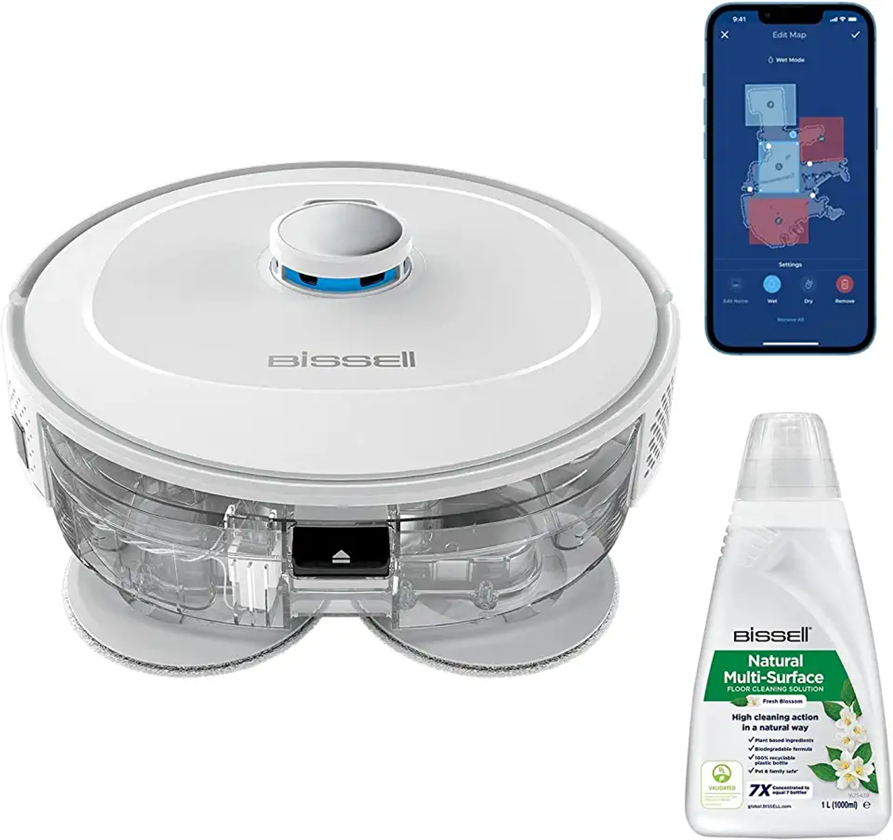 Weißer Bissell-Bodenreiniger mit Reinigungsmittelflasche und Telefon mit Karte.