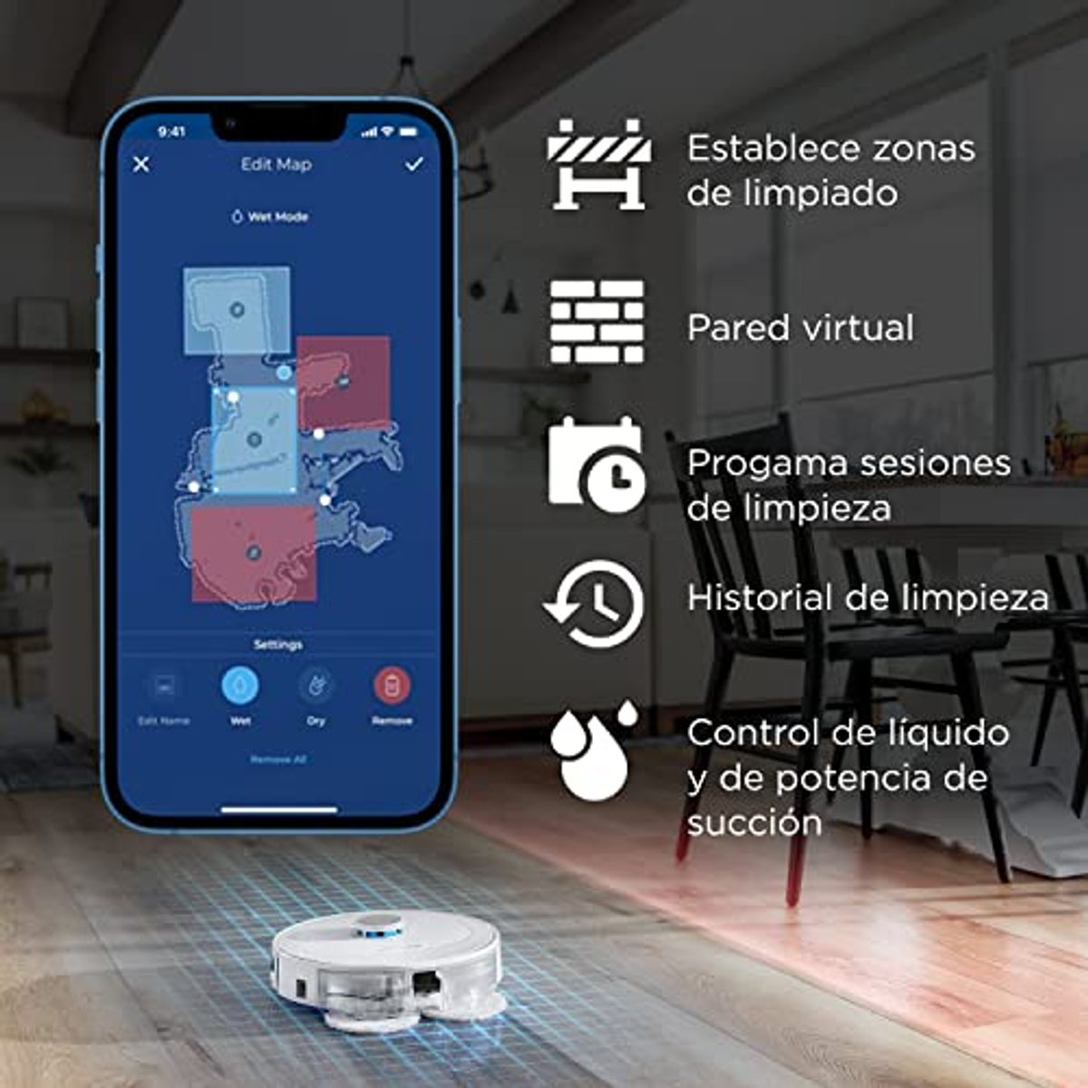 Smartphone-Bildschirm mit Roboter-Staubsauger-Karte und Steuerungssymbolen.