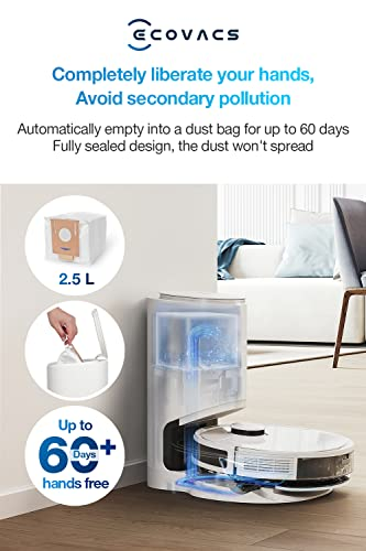 Ein weißer und schwarzer Roboter-Staubsauger und seine Staubauffangstation. Text über seine Funktionen.