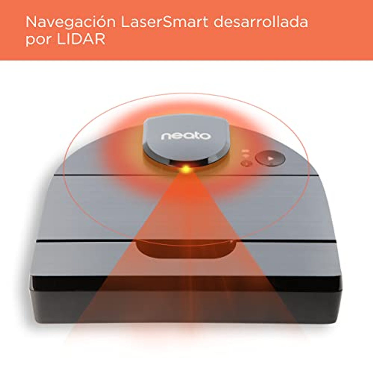 Roboter-Staubsauger, Draufsicht. Oranger Bereich zeigt LaserSmart-Navigation, entwickelt von LIDAR.