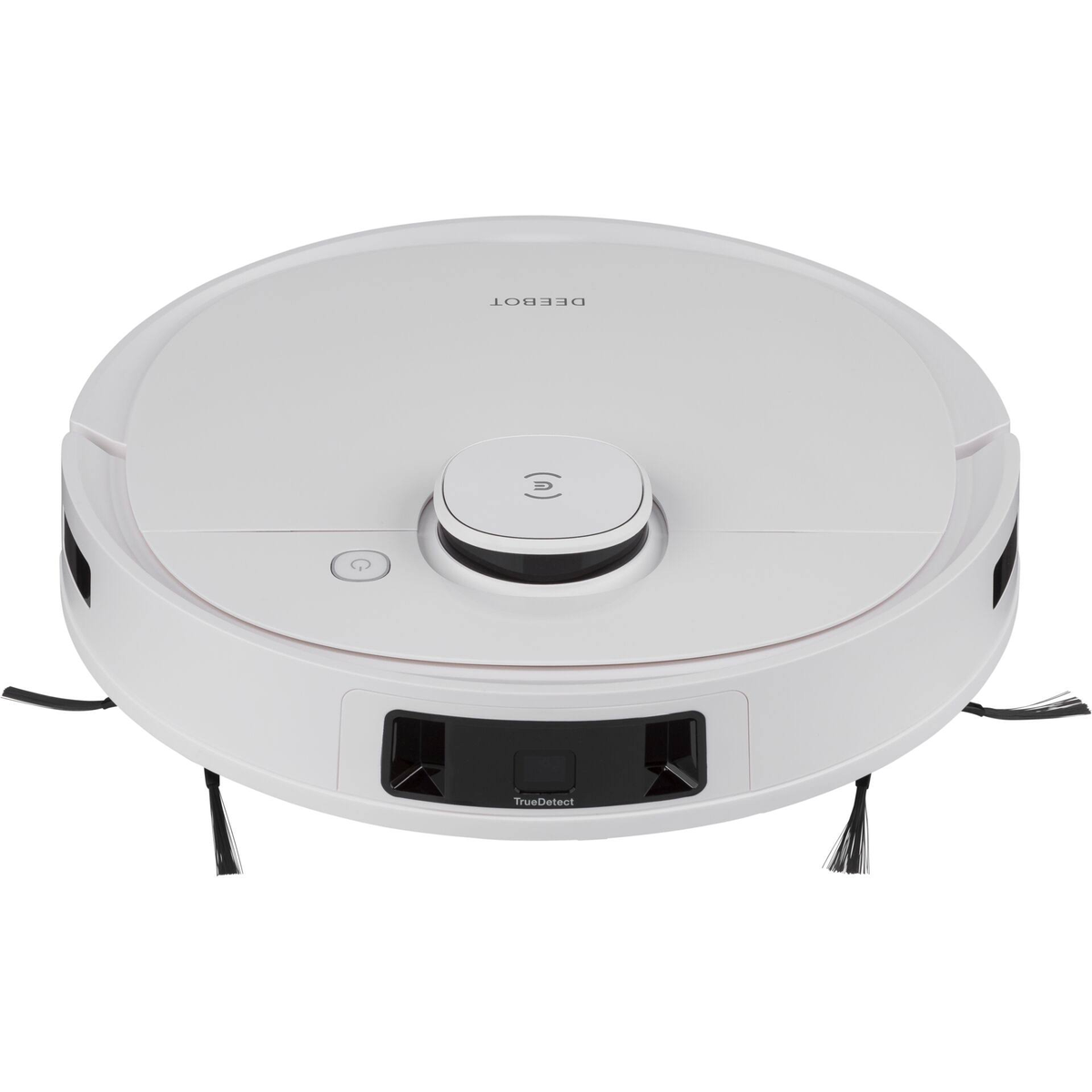 Aspiradora robot DEEBOT blanca. Forma circular, cepillos en la parte delantera. Etiqueta TrueDetect.