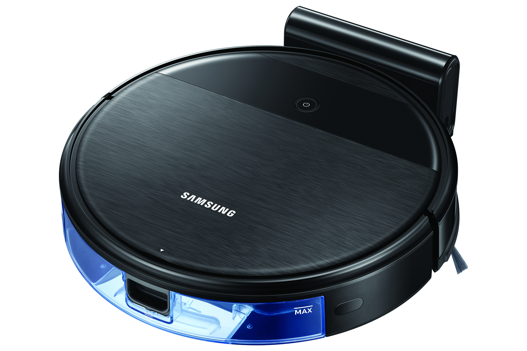 Czarny odkurzacz robot Samsung ze zbiornikiem na wodę. Widok z góry, na białym tle.